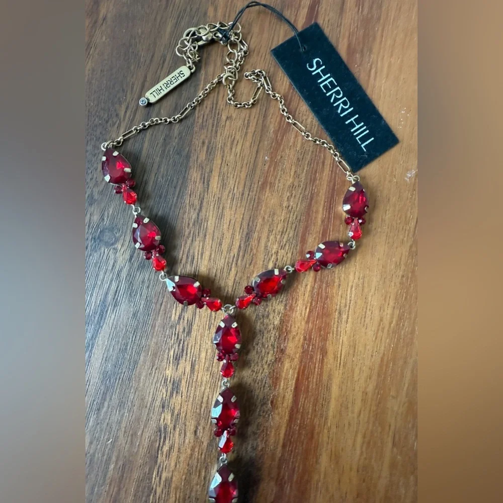 New Sherri Hill Ruby Red Necklace Y Tie Rhinestone Long Prom Event Dance